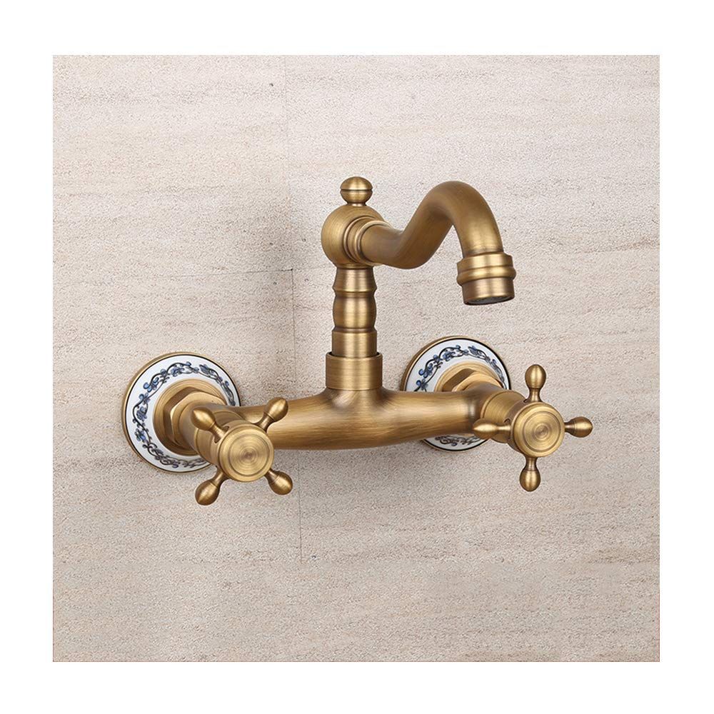 Antique Bathtub Faucet – Dual-Handle Brass Wall-Mounted Tub Faucet with Shower, Hot & Cold Mixer, Short Model, Elegant Bathroom & Villa Faucet - Bronze - Size Short1