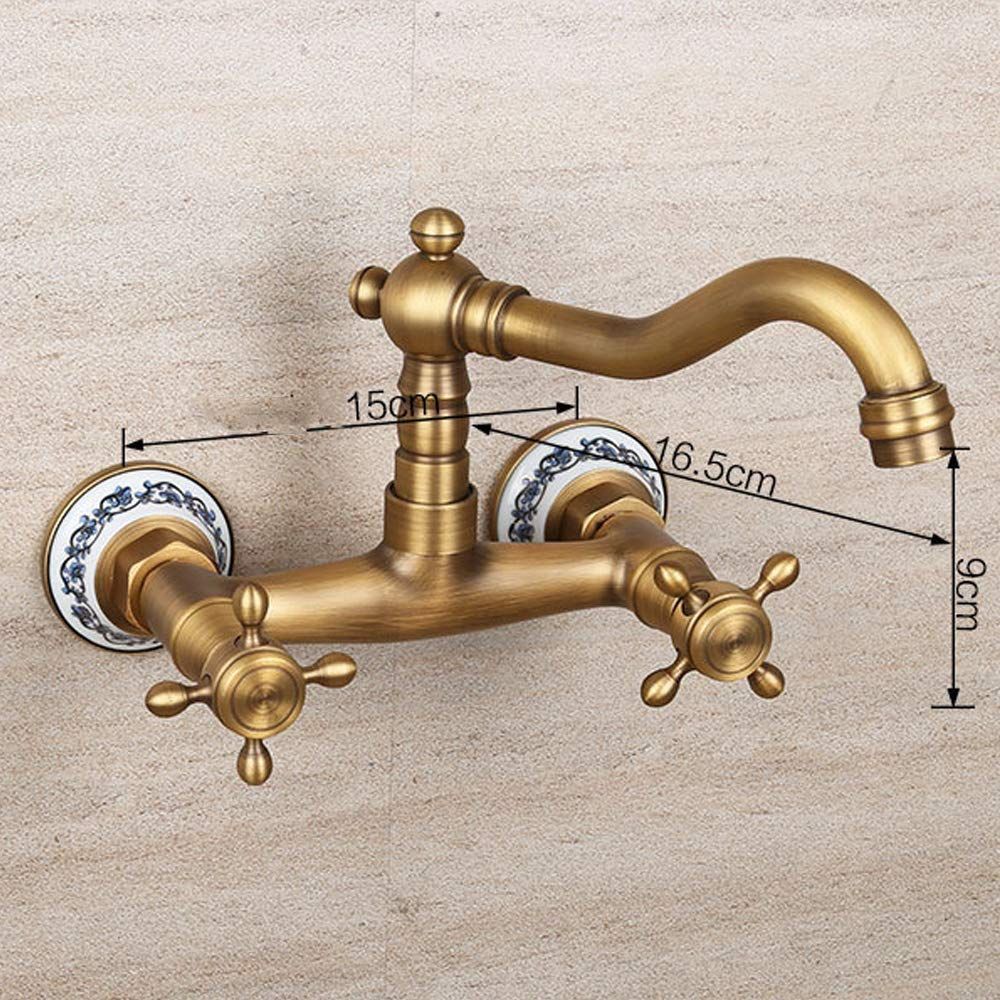 Antique Bathtub Faucet – Dual-Handle Brass Wall-Mounted Tub Faucet with Shower, Hot & Cold Mixer, Short Model, Elegant Bathroom & Villa Faucet - Bronze - Size Short1