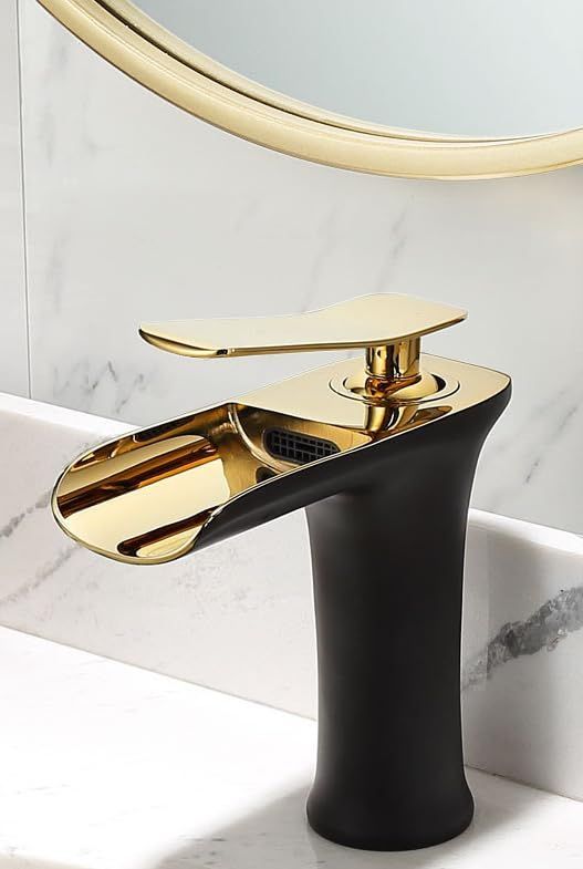 Basin Hot and Cold Water Faucet – Waterfall Spout, Antique Brushed Finish, Short Model, Vintage Bathroom Sink Mixer Tap - Black-Gold - Size 135mm