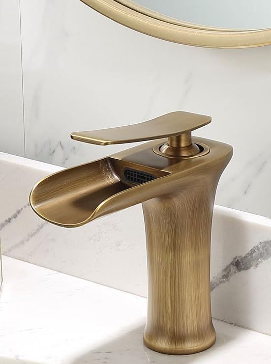 Basin Hot and Cold Water Faucet – Waterfall Spout, Antique Brushed Finish, Short Model, Vintage Bathroom Sink Mixer Tap - Bronze - Size 135mm