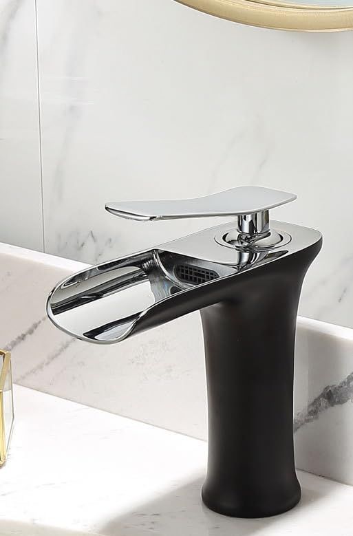 Basin Hot and Cold Water Faucet – Waterfall Spout, Antique Brushed Finish, Short Model, Vintage Bathroom Sink Mixer Tap - Bronze - Size 135mm