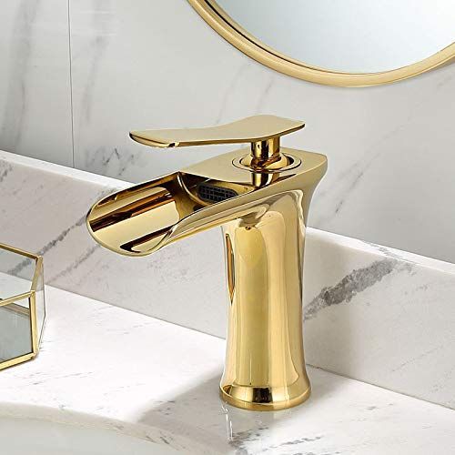 Basin Hot and Cold Water Faucet – Waterfall Spout, Antique Brushed Finish, Short Model, Vintage Bathroom Sink Mixer Tap - Gold - Size 135mm