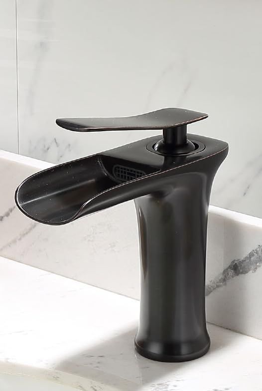 Basin Hot and Cold Water Faucet – Waterfall Spout, Antique Brushed Finish, Short Model, Vintage Bathroom Sink Mixer Tap - Gold - Size 135mm