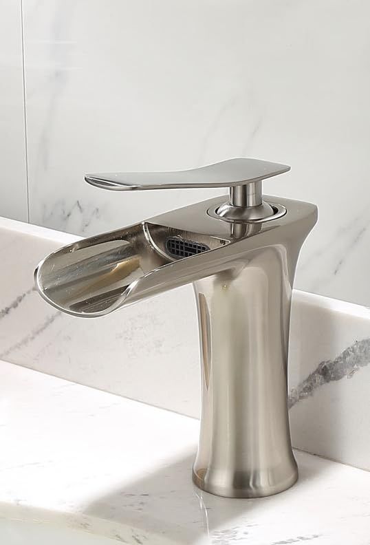 Basin Hot and Cold Water Faucet – Waterfall Spout, Antique Brushed Finish, Short Model, Vintage Bathroom Sink Mixer Tap - Silver - Size 135mm