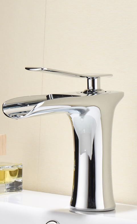 Basin Hot and Cold Water Faucet – Waterfall Spout, Antique Brushed Finish, Short Model, Vintage Bathroom Sink Mixer Tap - White-Silver - Size 135mm