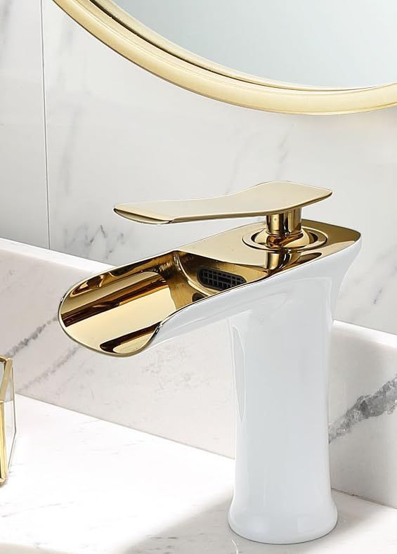 Basin Hot and Cold Water Faucet – Waterfall Spout, Antique Brushed Finish, Short Model, Vintage Bathroom Sink Mixer Tap - White-Gold - Size 135mm