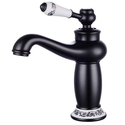 Antique Bronze Basin Faucet – Porcelain Handle, Single Lever Deck-Mounted Mixer Tap, Vintage Style Bathroom Sink Faucet for Elegant Home Décor - Black - Size 19.5cm