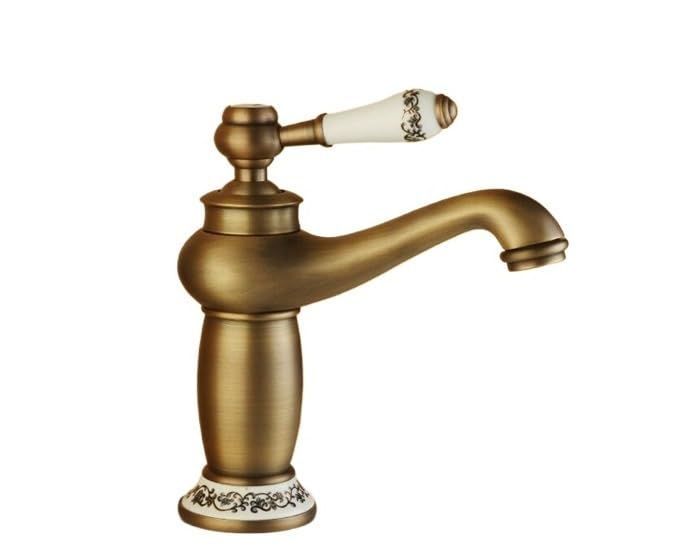 Antique Bronze Basin Faucet – Porcelain Handle, Single Lever Deck-Mounted Mixer Tap, Vintage Style Bathroom Sink Faucet for Elegant Home Décor - Bronze - Size 19.5cm