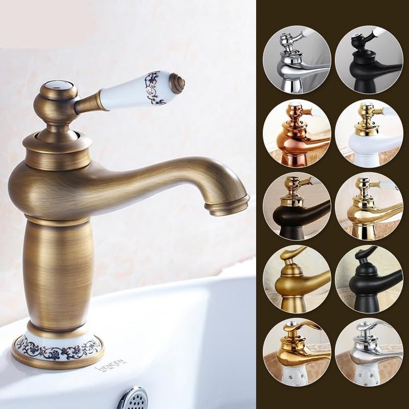 Antique Bronze Basin Faucet – Porcelain Handle, Single Lever Deck-Mounted Mixer Tap, Vintage Style Bathroom Sink Faucet for Elegant Home Décor - Gold - Size 19.5cm