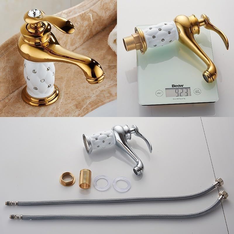 Antique Bronze Basin Faucet – Porcelain Handle, Single Lever Deck-Mounted Mixer Tap, Vintage Style Bathroom Sink Faucet for Elegant Home Décor - Gold - Size 19.5cm