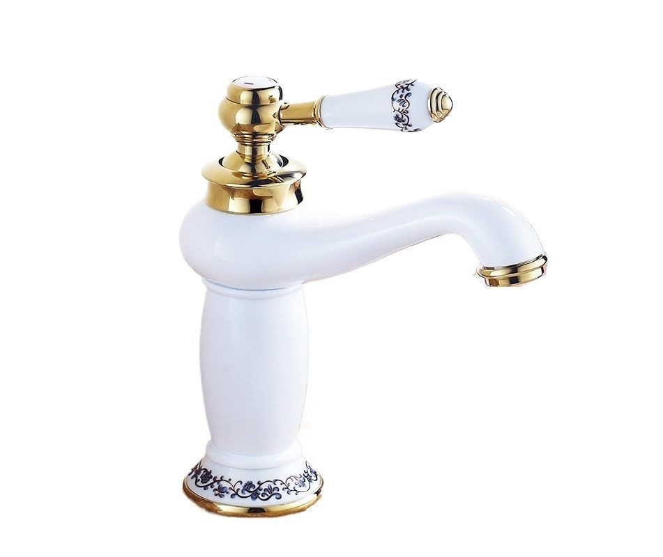 Antique Bronze Basin Faucet – Porcelain Handle, Single Lever Deck-Mounted Mixer Tap, Vintage Style Bathroom Sink Faucet for Elegant Home Décor - White - Size 19.5cm