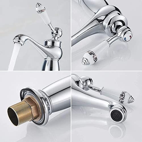Copper Faucet for Bathroom Sink – Hot & Cold Water Mixer, Vintage Retro Style, Deck-Mounted Basin Tap for Home Washbasin - Silver - Size 305mm