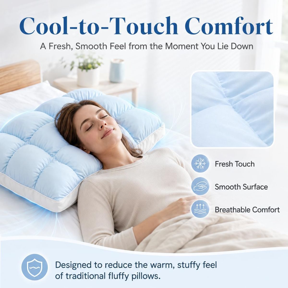 Mellow Puff Cooling Pillow for Sleeping, Fluffy Cloud Pillow with Ice-Silk Touch, Breathable Quilted Grid Design, for Side and Back Sleepers, Machine Washable - Blue - Size 26in*20in