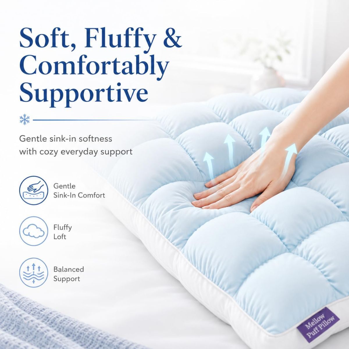 Mellow Puff Cooling Pillow for Sleeping, Fluffy Cloud Pillow with Ice-Silk Touch, Breathable Quilted Grid Design, for Side and Back Sleepers, Machine Washable - Blue - Size 26in*20in