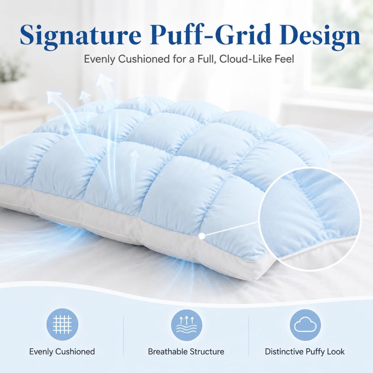 Mellow Puff Cooling Pillow for Sleeping, Fluffy Cloud Pillow with Ice-Silk Touch, Breathable Quilted Grid Design, for Side and Back Sleepers, Machine Washable - Blue - Size 26in*20in