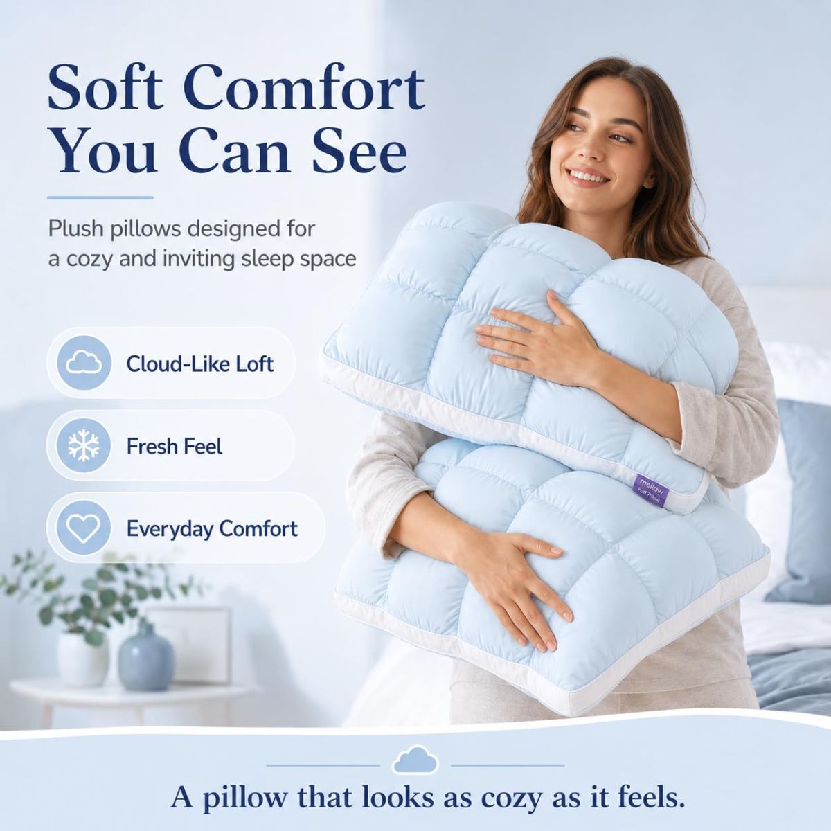 Mellow Puff Cooling Pillow for Sleeping, Fluffy Cloud Pillow with Ice-Silk Touch, Breathable Quilted Grid Design, for Side and Back Sleepers, Machine Washable - Blue - Size 26in*20in