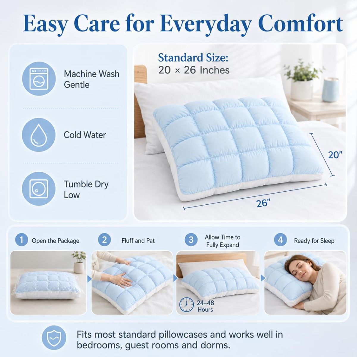 Mellow Puff Cooling Pillow for Sleeping, Fluffy Cloud Pillow with Ice-Silk Touch, Breathable Quilted Grid Design, for Side and Back Sleepers, Machine Washable - Blue - Size 26in*20in