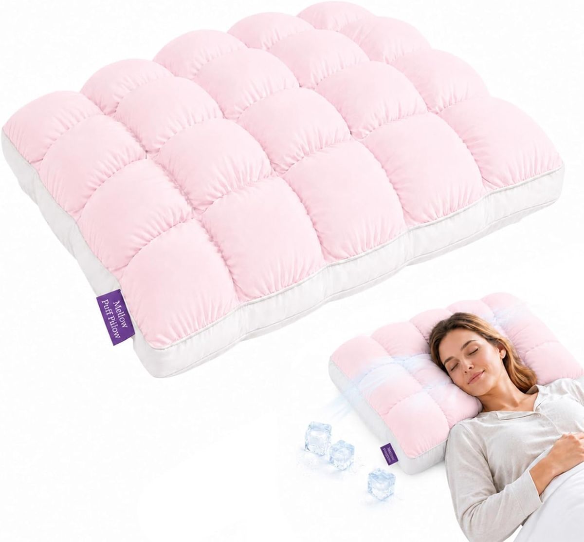 Mellow Puff Cooling Pillow for Sleeping, Fluffy Cloud Pillow with Ice-Silk Touch, Breathable Quilted Grid Design, for Side and Back Sleepers, Machine Washable - Pink - Size 26in*20in