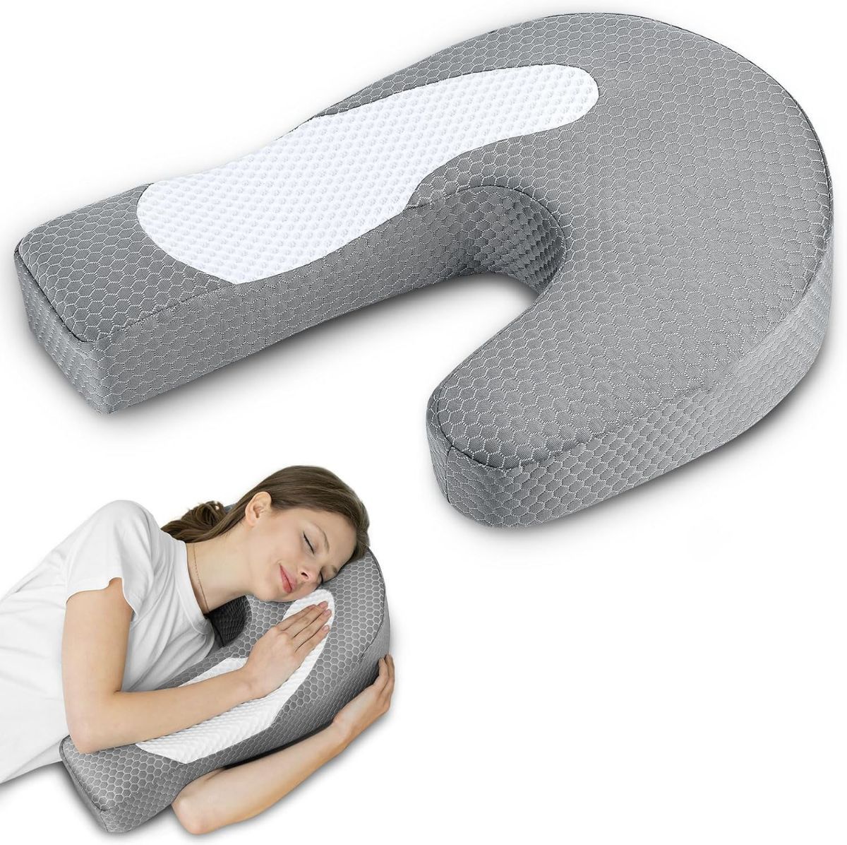 Side Sleeper Pillow with Arm Hole, Ergonomic Memory Foam Arm Pillow for Shoulder Comfort, Side Sleeping Support for Neck and Back, Removable Washable Cover, for Side  Sleepers - White - Size 58cm*43cm
