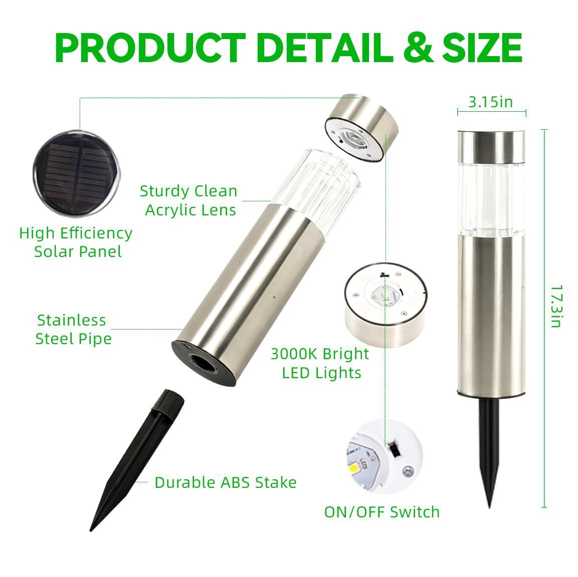 Solar Pathway Lights Outdoor, Stainless Steel Solar Garden Lights, Bright 35LM Warm White LED, Auto On/Off IP65 Waterproof Path Lights for Yard, Lawn, Walkway, Patio, Driveway - Silver - Size 1 Pack