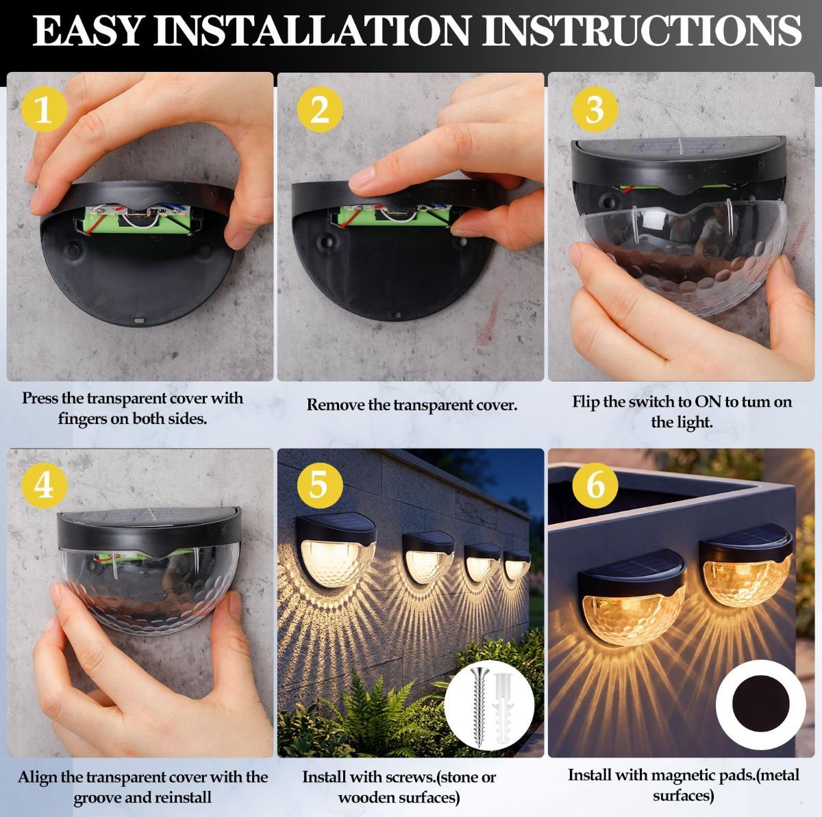 Raised Garden Bed Solar Lights Magnetic with Dusk to Dawn Sensors Wide Angle IPX4 Waterproof Solar Powered Lights Outdoor for Planter Raised Beds Garden Patio Yard Fence, Warm White - Black - Size 8 Pack