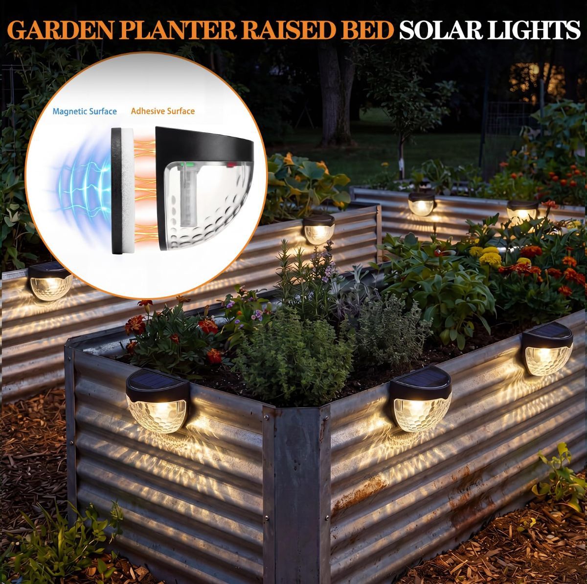 Raised Garden Bed Solar Lights Magnetic with Dusk to Dawn Sensors Wide Angle IPX4 Waterproof Solar Powered Lights Outdoor for Planter Raised Beds Garden Patio Yard Fence, Warm White - White - Size 4 Pack