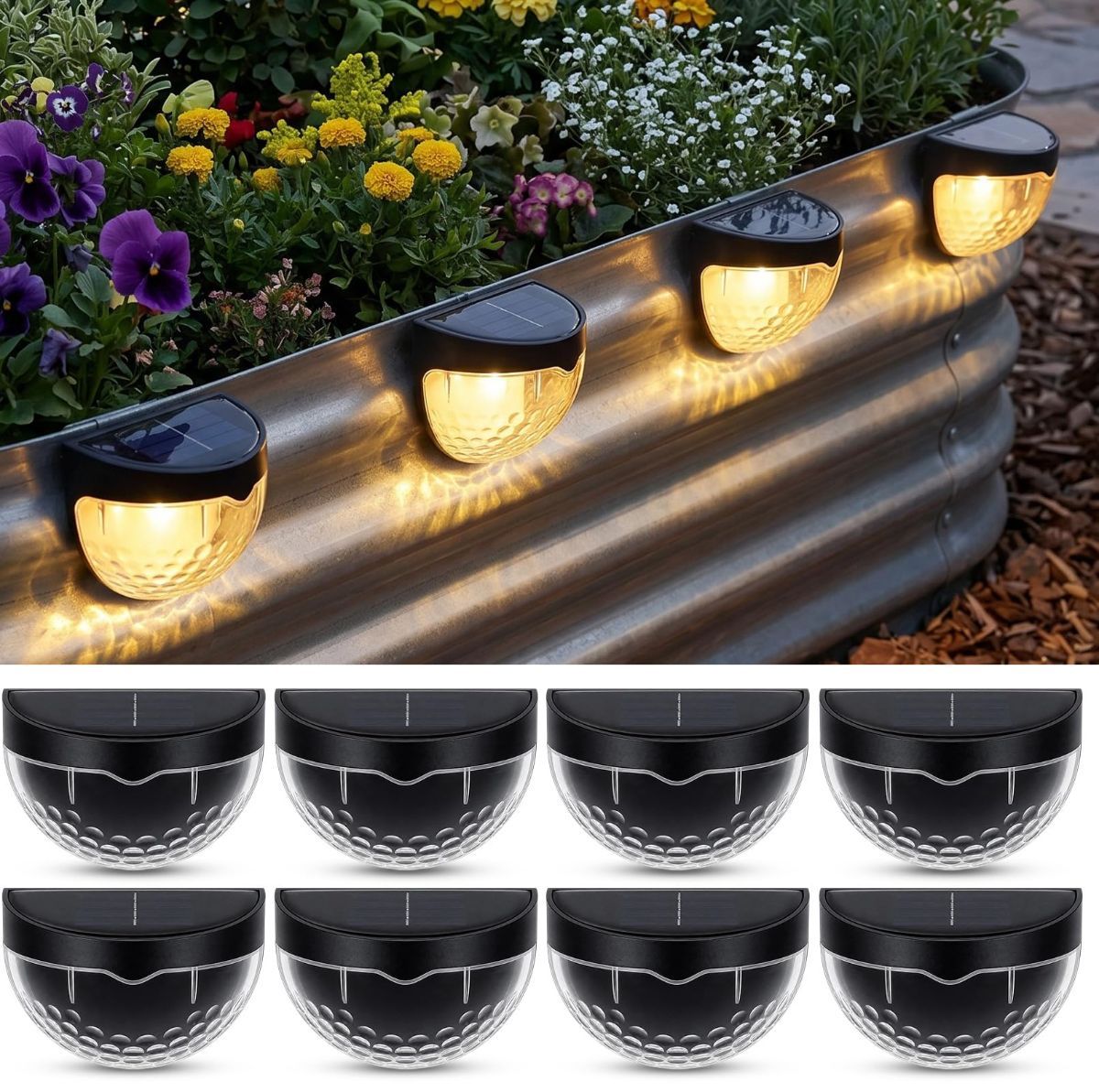 Raised Garden Bed Solar Lights Magnetic with Dusk to Dawn Sensors Wide Angle IPX4 Waterproof Solar Powered Lights Outdoor for Planter Raised Beds Garden Patio Yard Fence, Warm White - White - Size 8 Pack