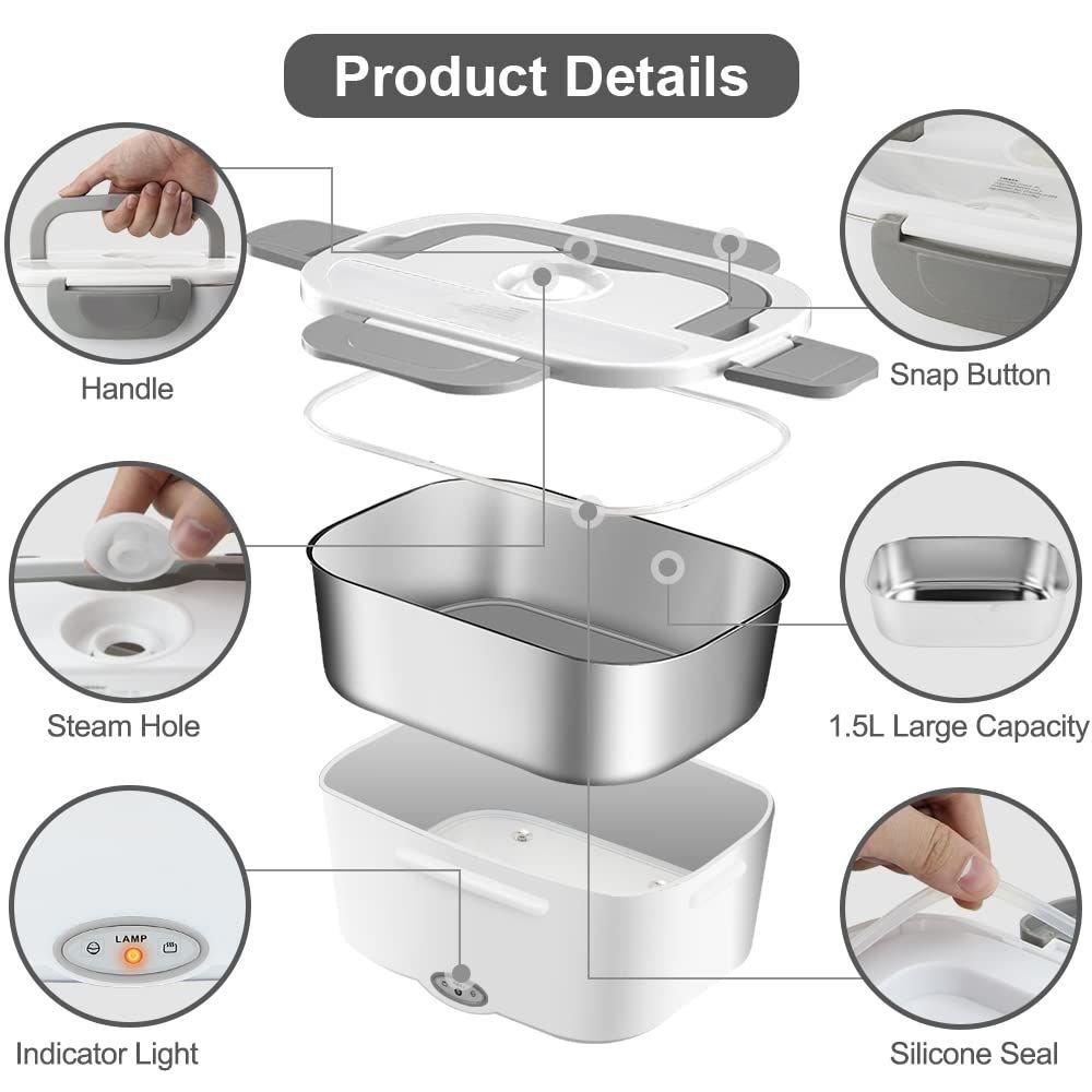 Cordless Heated Lunch Box with Automatic Heating, Electric Lunchbox for Adults, Portable Food Warmer with Insulated Carry Bag - Gray - Size 8.5*5.94*2.52in