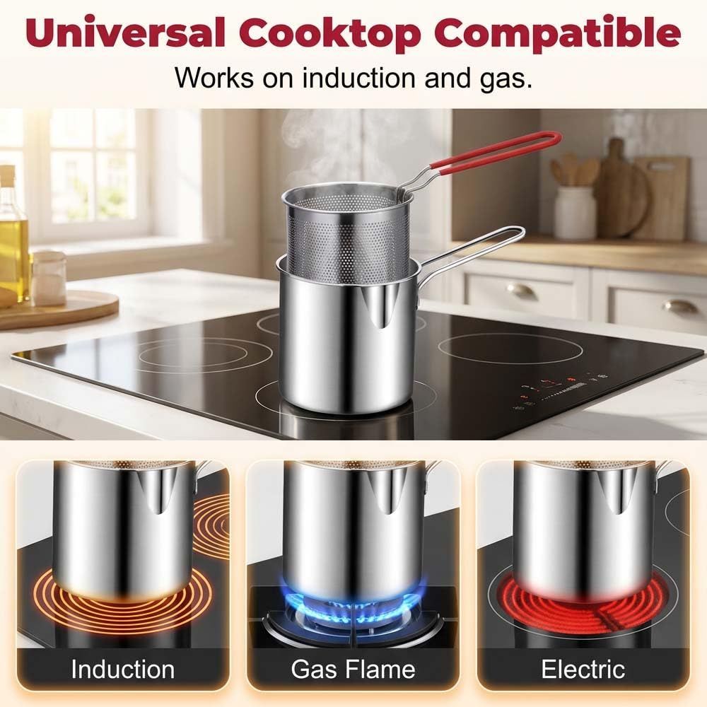 5pcs New Deep Fryer Pot Set, 304 Stainless Steel Fryer Deep Fryer Basket Mini Stainless Steel Deep fryer Pot with Basket & Strainer for French Fries, Fried Taro Ball, Fried Chicken Wings, Fried Fish - Silver