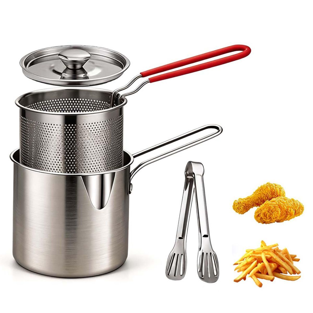 5pcs New Deep Fryer Pot Set, 304 Stainless Steel Fryer Deep Fryer Basket Mini Stainless Steel Deep fryer Pot with Basket & Strainer for French Fries, Fried Taro Ball, Fried Chicken Wings, Fried Fish - Silver