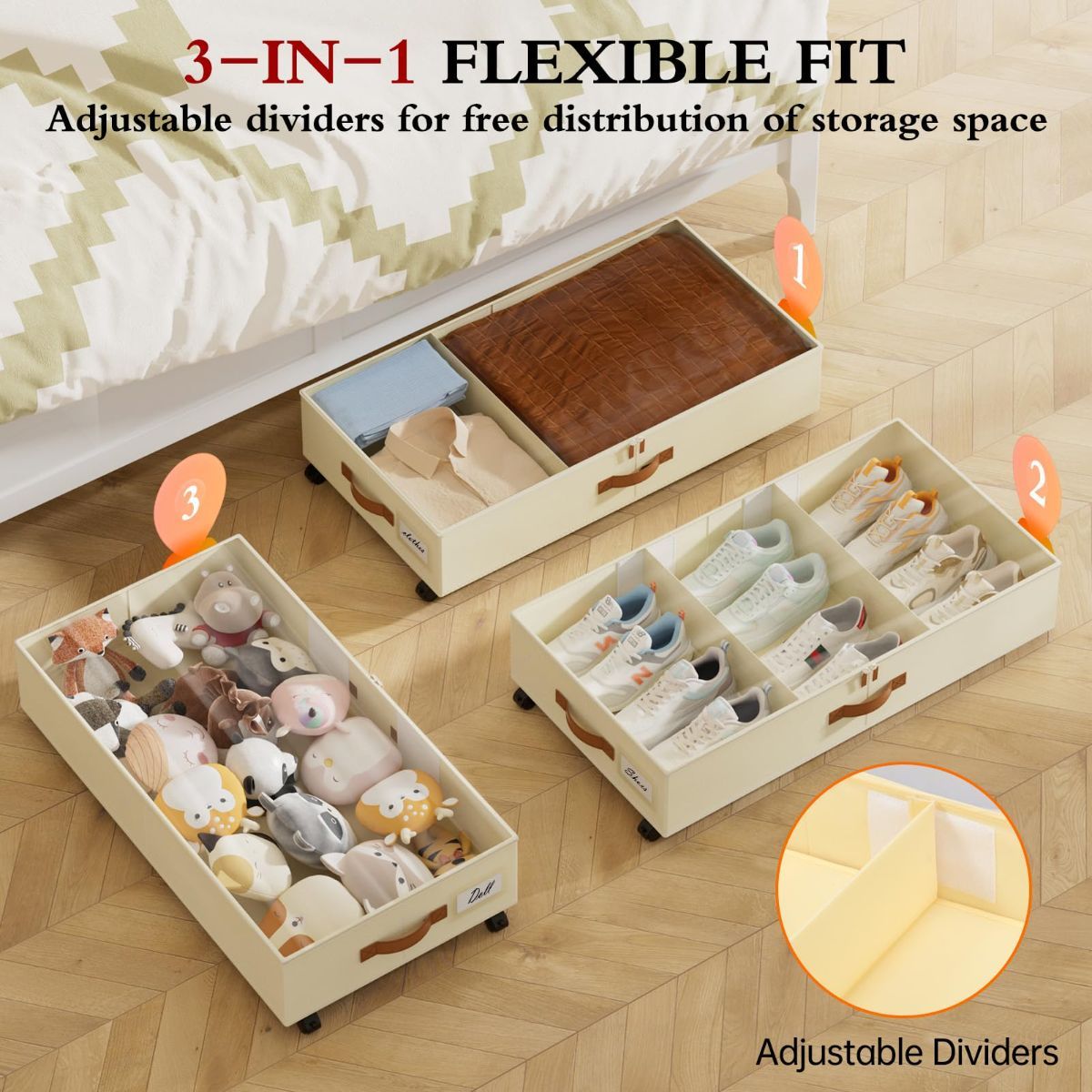 2 Pack Under Bed Storage with Wheels, Under Bed Storage Containers with Adjustable Dividers & Clear Lid, Rolling Underbed Organizer Bins Drawer for Clothes, Shoes, Blankets - Beige - Size 30.3 x 16 x 6.7 inches