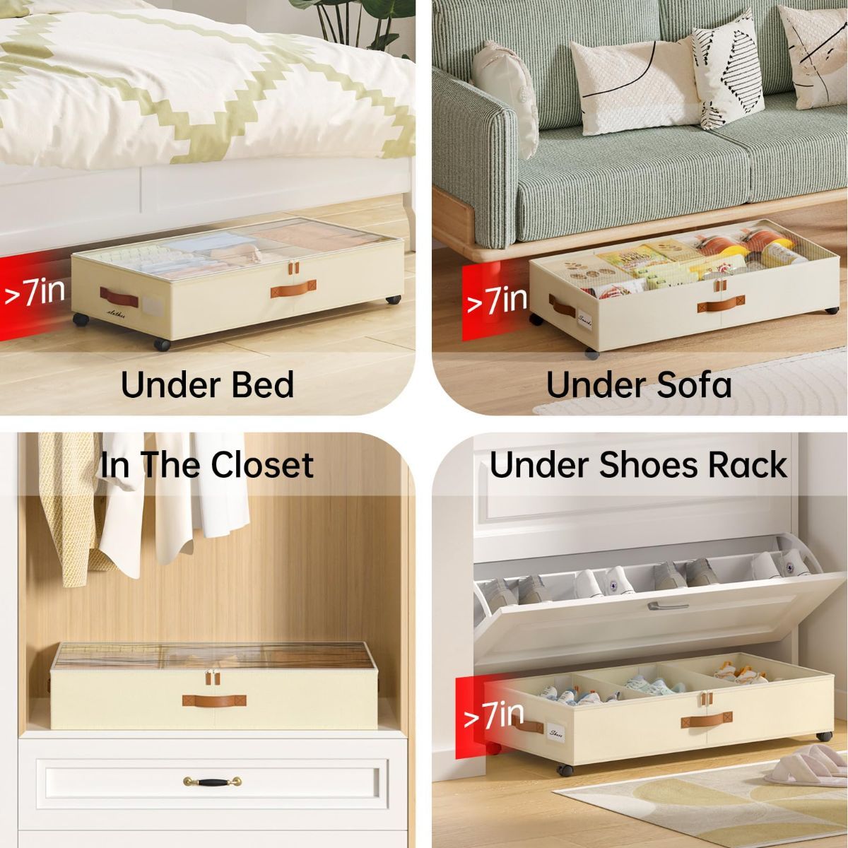 2 Pack Under Bed Storage with Wheels, Under Bed Storage Containers with Adjustable Dividers & Clear Lid, Rolling Underbed Organizer Bins Drawer for Clothes, Shoes, Blankets - Beige - Size 30.3 x 16 x 6.7 inches
