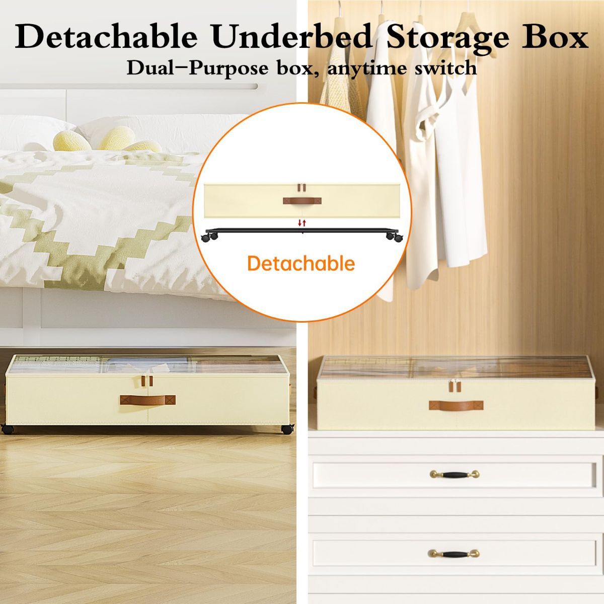 2 Pack Under Bed Storage with Wheels, Under Bed Storage Containers with Adjustable Dividers & Clear Lid, Rolling Underbed Organizer Bins Drawer for Clothes, Shoes, Blankets - Beige - Size 30.3 x 16 x 6.7 inches