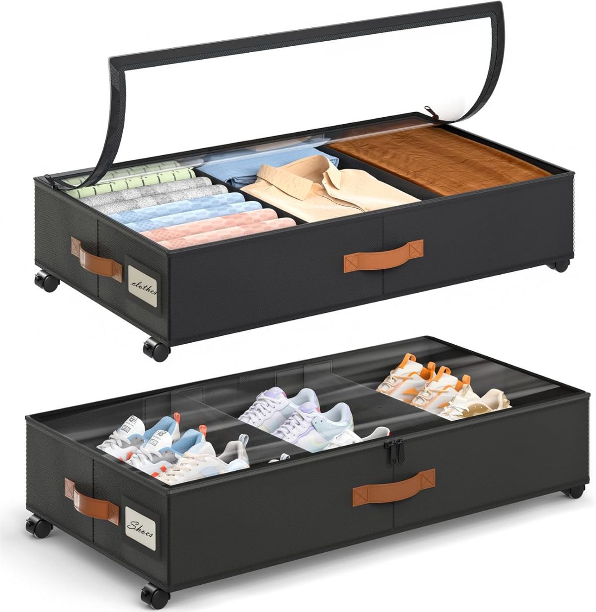 2 Pack Under Bed Storage with Wheels, Under Bed Storage Containers with Adjustable Dividers & Clear Lid, Rolling Underbed Organizer Bins Drawer for Clothes, Shoes, Blankets - Beige - Size 30.3 x 16 x 6.7 inches