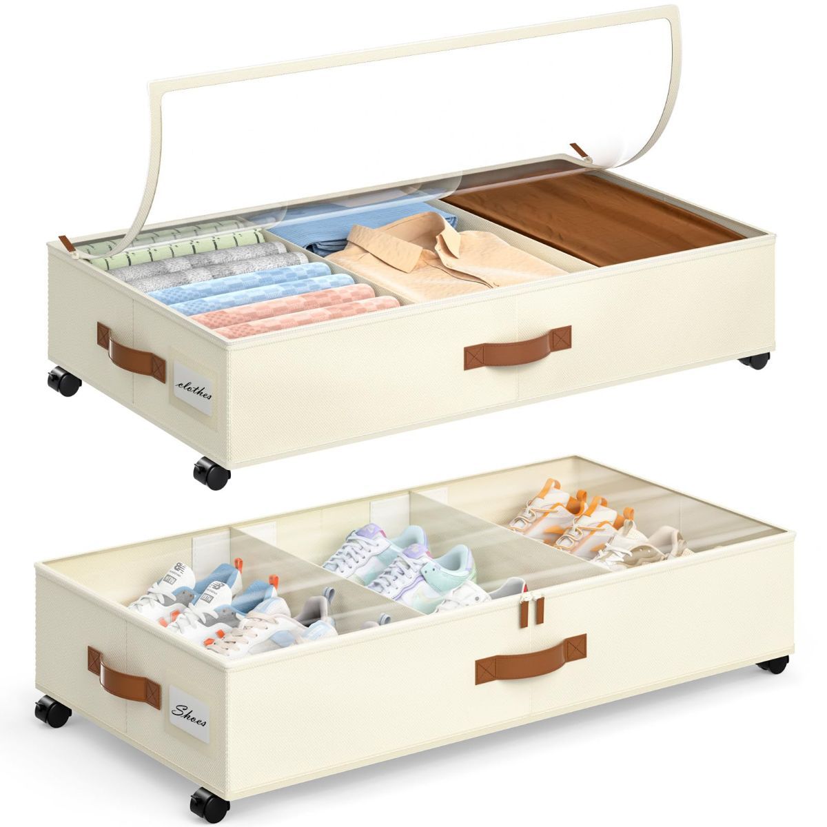 2 Pack Under Bed Storage with Wheels, Under Bed Storage Containers with Adjustable Dividers & Clear Lid, Rolling Underbed Organizer Bins Drawer for Clothes, Shoes, Blankets - Black - Size 30.3 x 16 x 6.7 inches