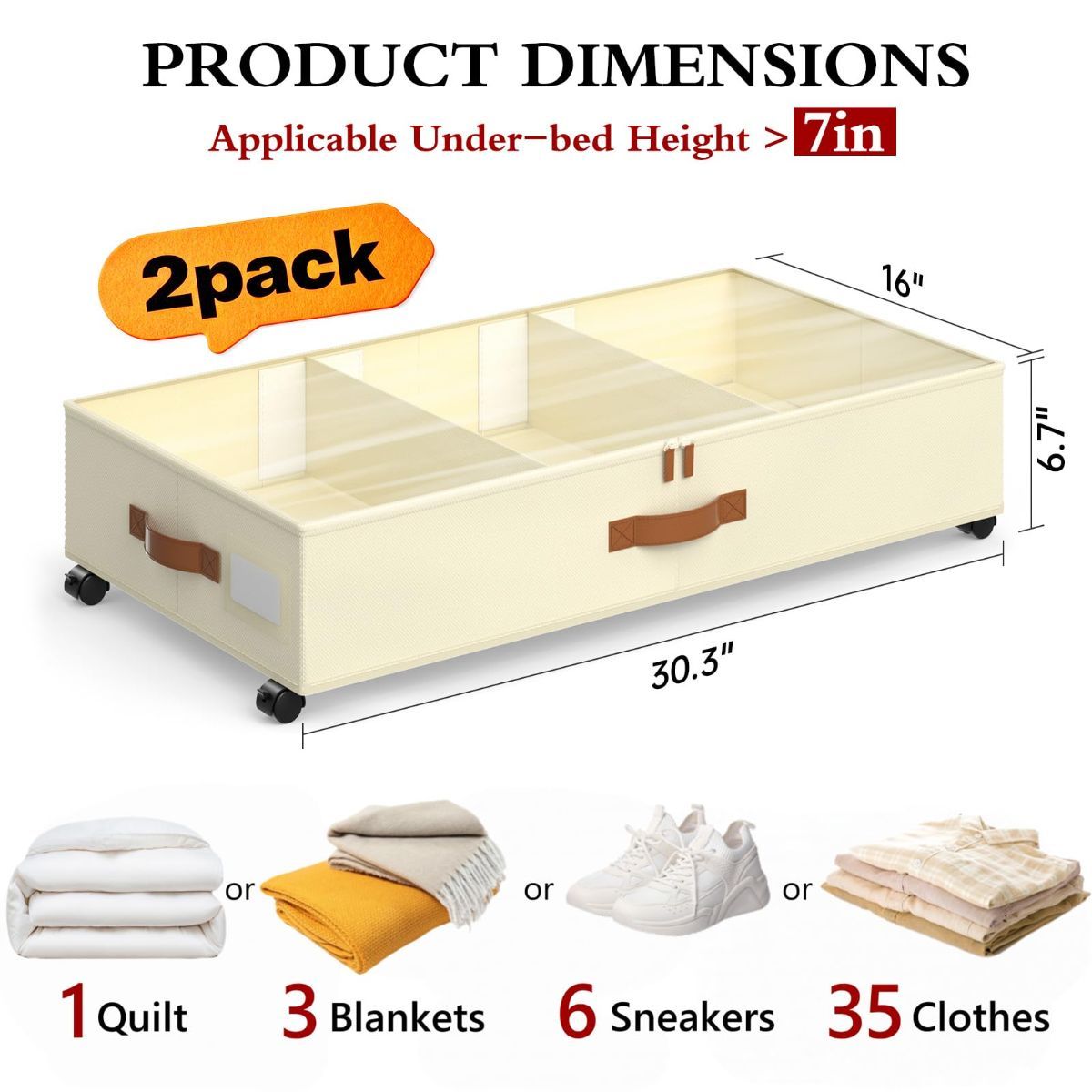 2 Pack Under Bed Storage with Wheels, Under Bed Storage Containers with Adjustable Dividers & Clear Lid, Rolling Underbed Organizer Bins Drawer for Clothes, Shoes, Blankets - Black - Size 30.3 x 16 x 6.7 inches
