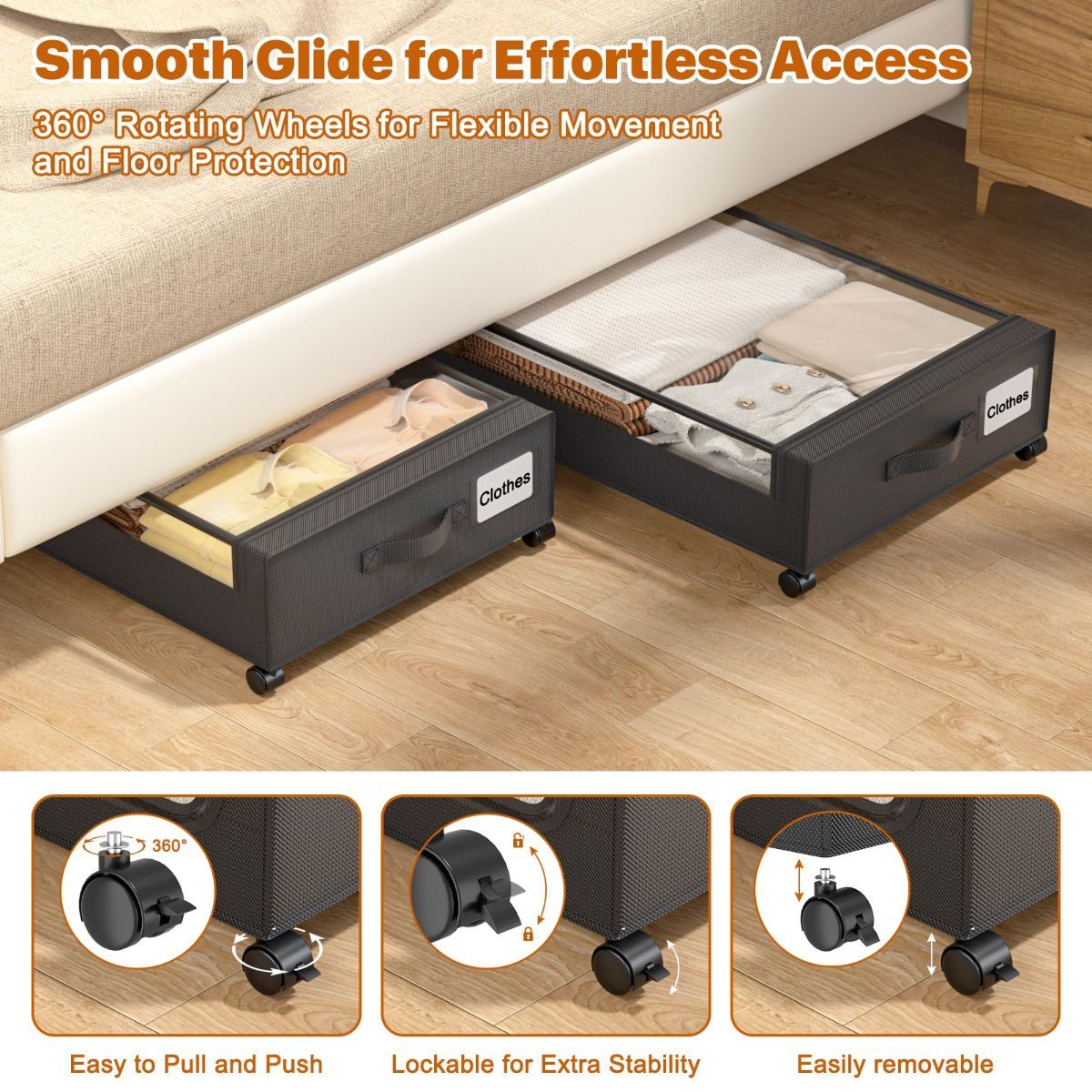 Under Bed Storage with Wheels,XXL 60L Under Bed Storage Containers with Clear Lids, Rolling Under Bed Metal Drawer for Clothes, Shoes,Toys - Black - Size 60L