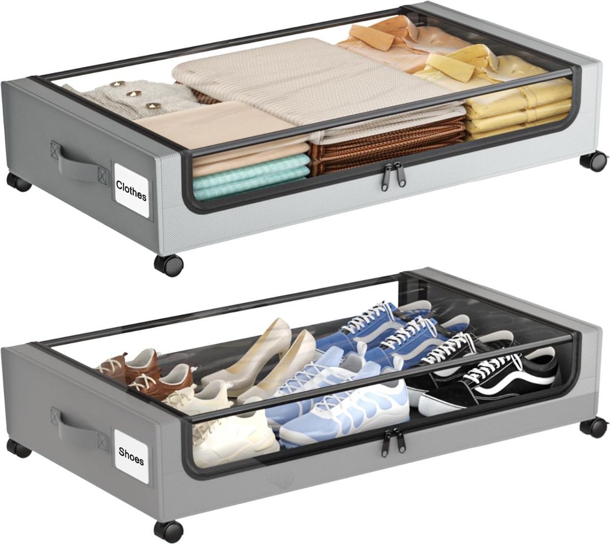 Under Bed Storage with Wheels,XXL 60L Under Bed Storage Containers with Clear Lids, Rolling Under Bed Metal Drawer for Clothes, Shoes,Toys - Black - Size 60L