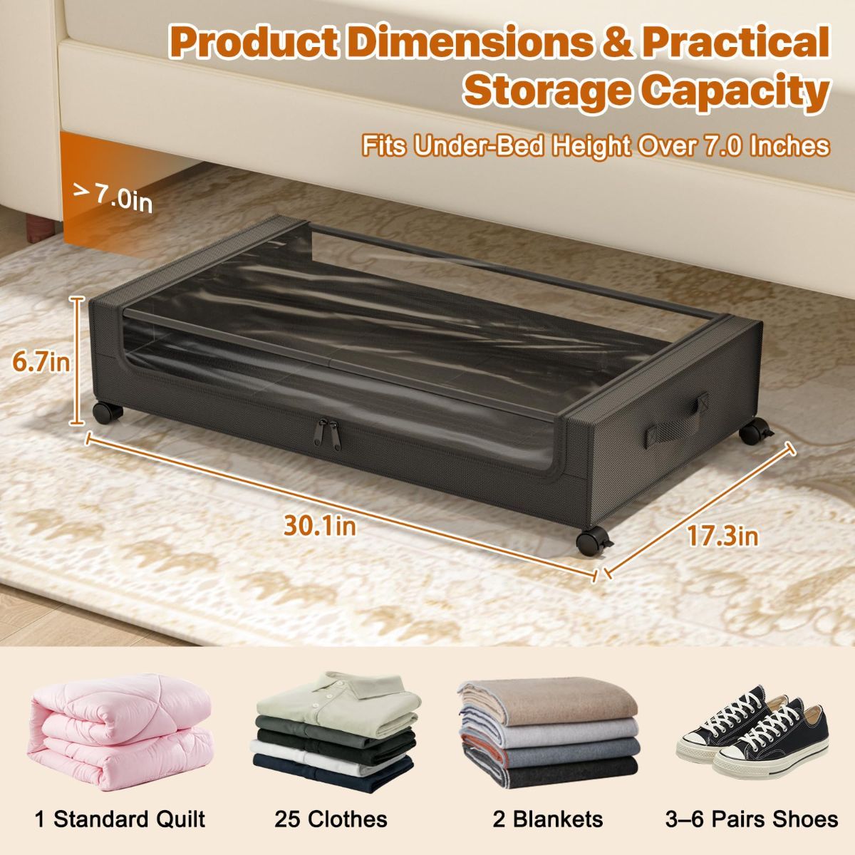 Under Bed Storage with Wheels,XXL 60L Under Bed Storage Containers with Clear Lids, Rolling Under Bed Metal Drawer for Clothes, Shoes,Toys - Gray - Size 60L