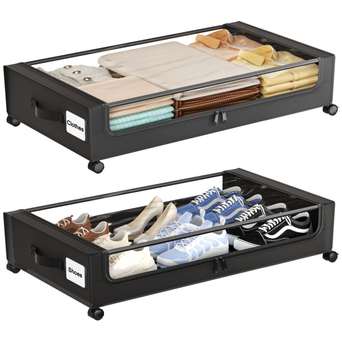 Under Bed Storage with Wheels,XXL 60L Under Bed Storage Containers with Clear Lids, Rolling Under Bed Metal Drawer for Clothes, Shoes,Toys - Gray - Size 60L