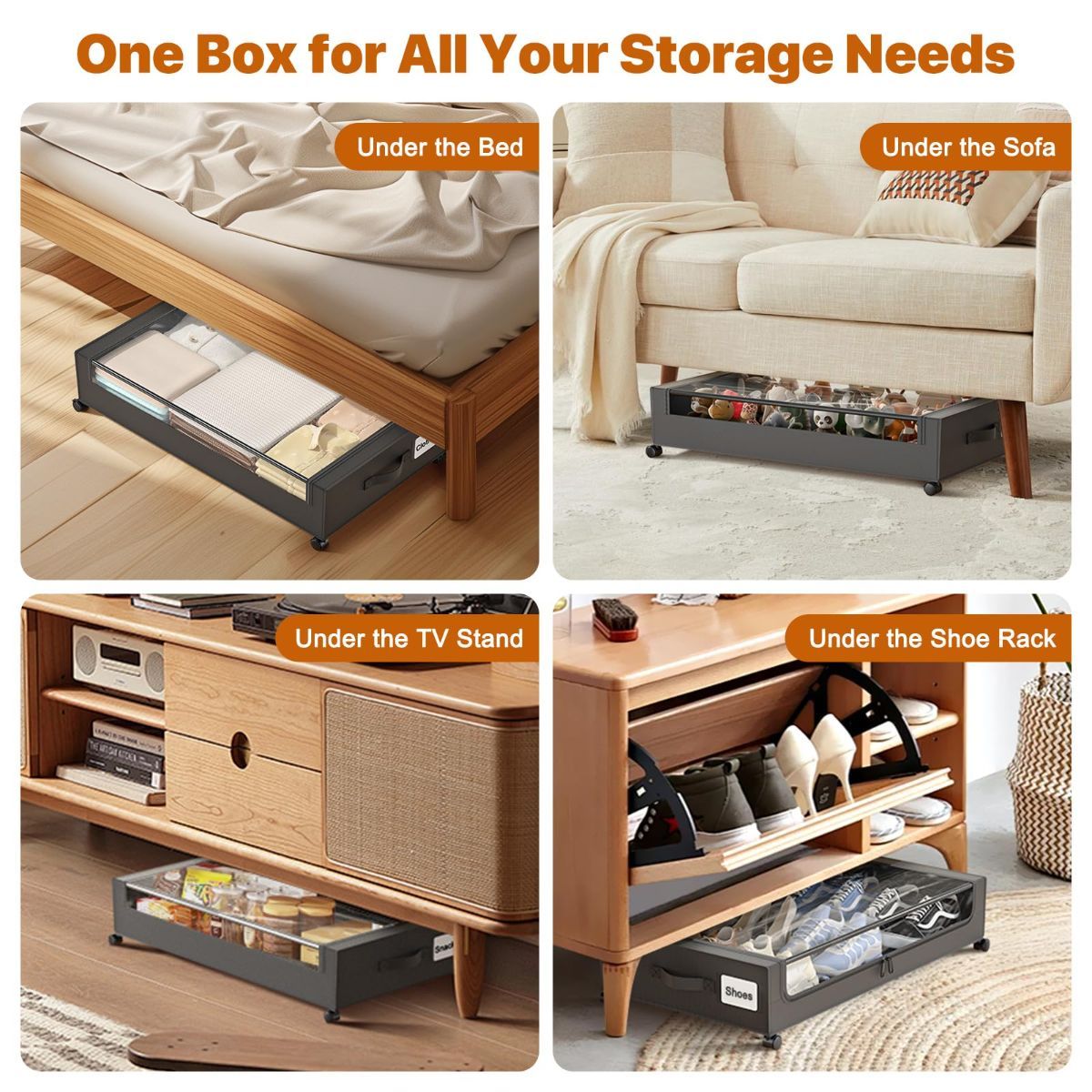 Under Bed Storage with Wheels,XXL 60L Under Bed Storage Containers with Clear Lids, Rolling Under Bed Metal Drawer for Clothes, Shoes,Toys - Gray - Size 60L