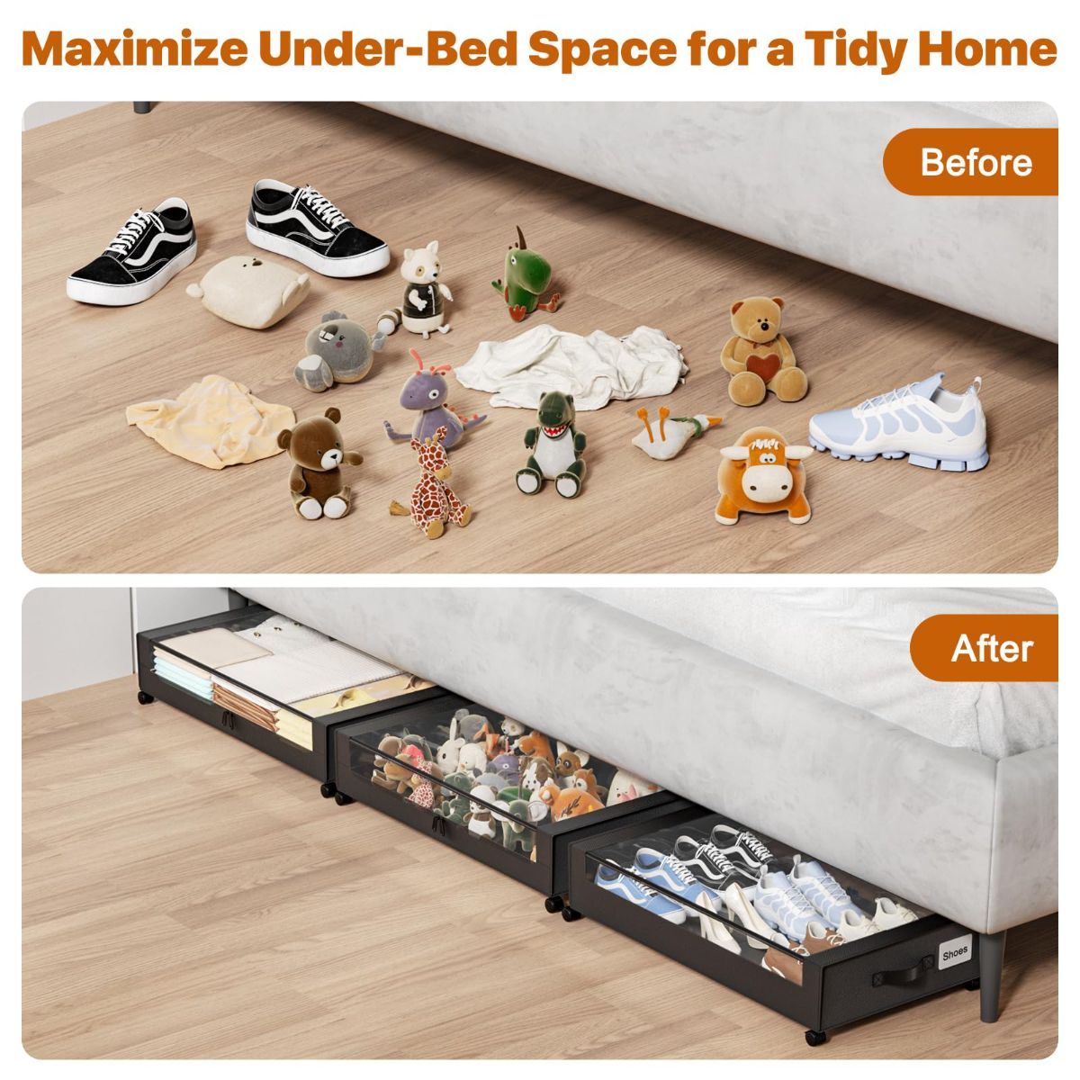 Under Bed Storage with Wheels,XXL 60L Under Bed Storage Containers with Clear Lids, Rolling Under Bed Metal Drawer for Clothes, Shoes,Toys - Gray - Size 60L