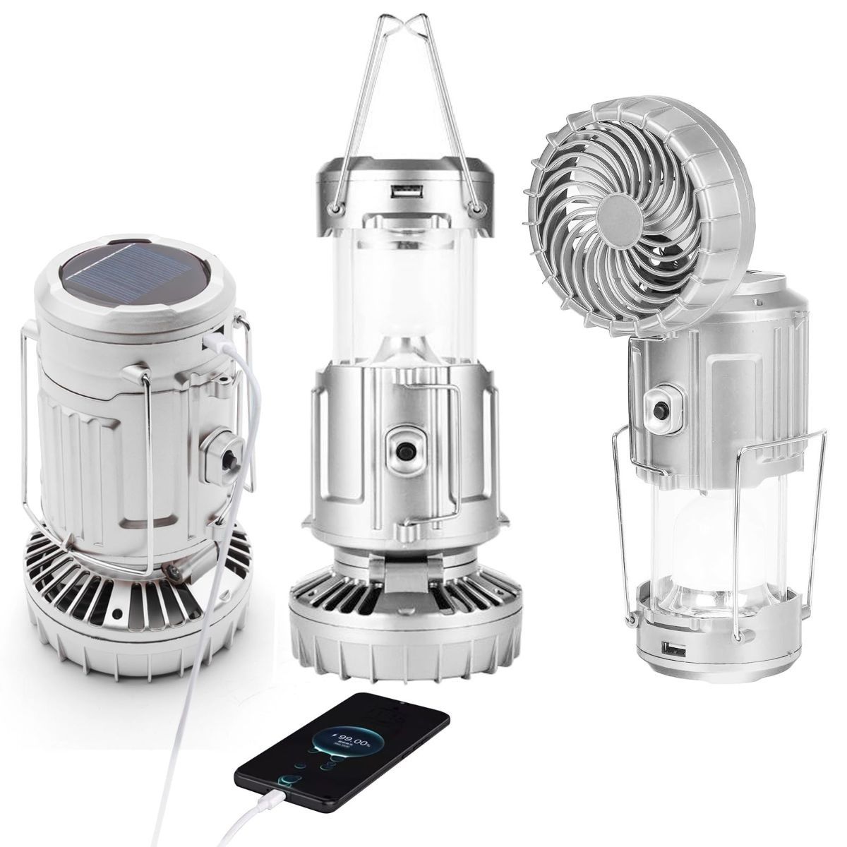 Camping Lantern with Fan, Flashlight Lantern Collapsible-USB Rechargeable, Solar & Battery Powered Camping Lampp for Picnic, Barbecue, Fishing, Travel Rechargeable Emergency Light - Silver - Size 7in