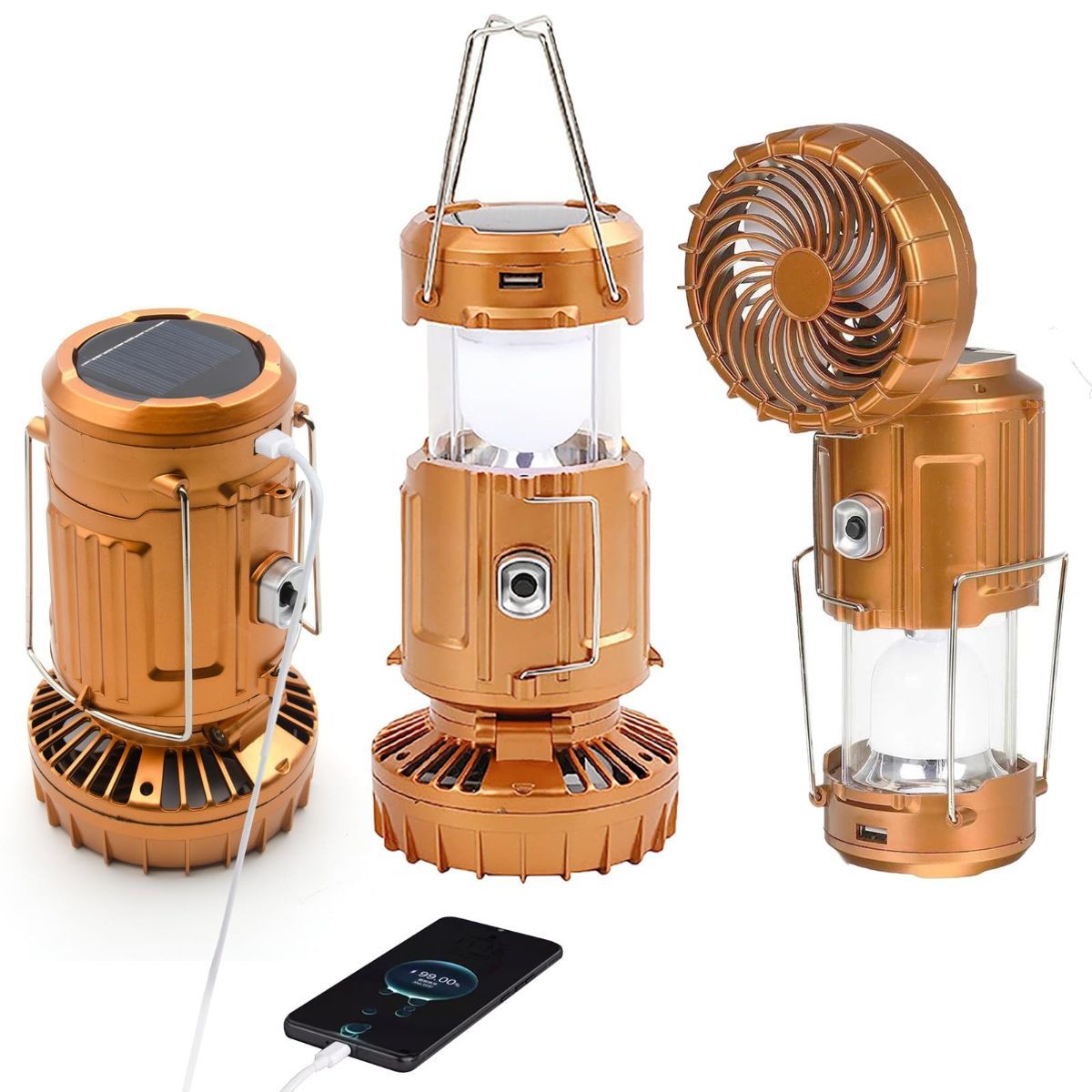 Camping Lantern with Fan, Flashlight Lantern Collapsible-USB Rechargeable, Solar & Battery Powered Camping Lampp for Picnic, Barbecue, Fishing, Travel Rechargeable Emergency Light - Silver - Size 7in
