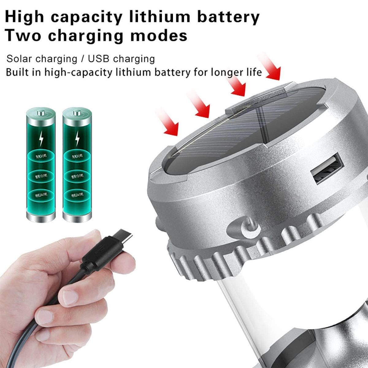 Camping Lantern with Fan, Flashlight Lantern Collapsible-USB Rechargeable, Solar & Battery Powered Camping Lampp for Picnic, Barbecue, Fishing, Travel Rechargeable Emergency Light - Silver - Size 7in