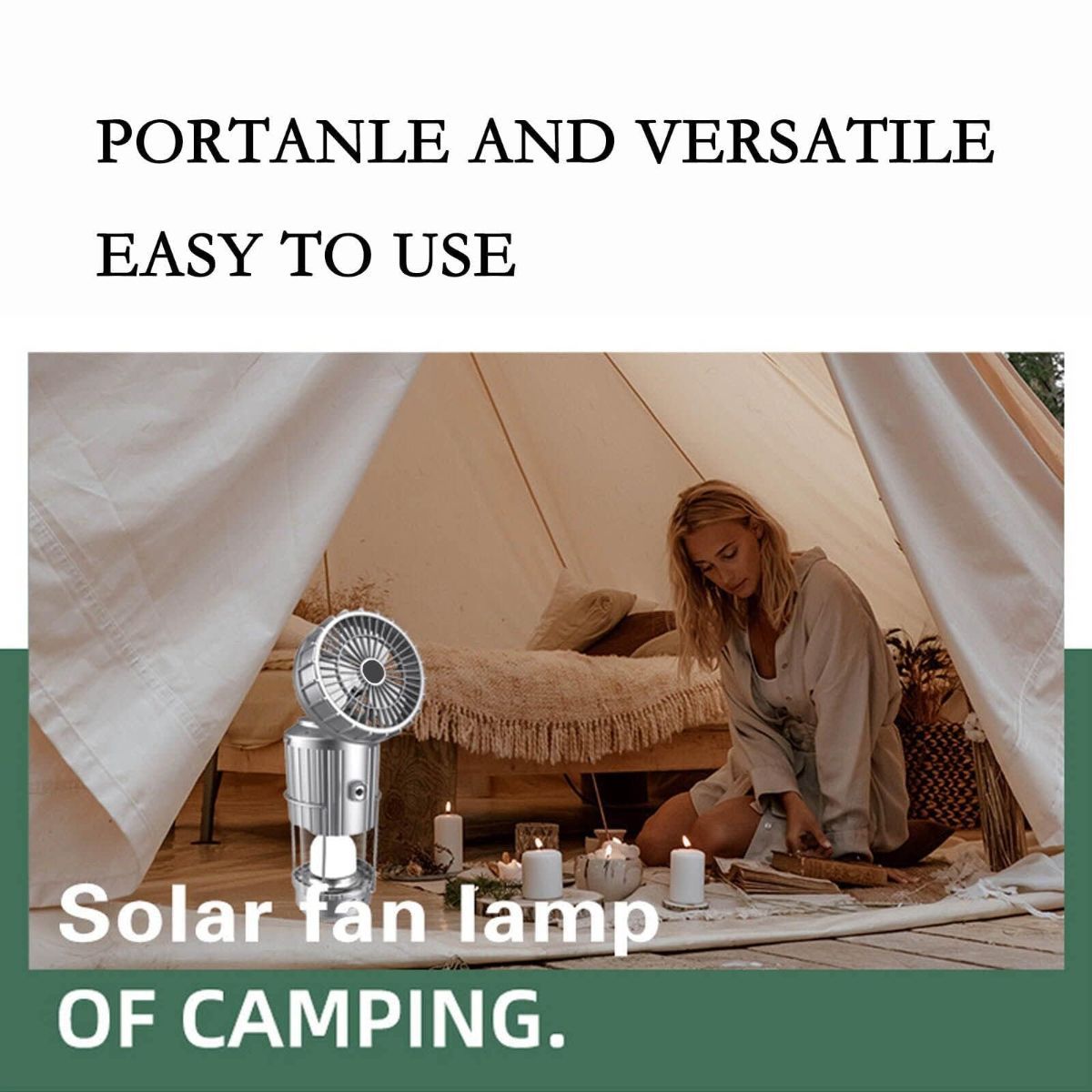 Camping Lantern with Fan, Flashlight Lantern Collapsible-USB Rechargeable, Solar & Battery Powered Camping Lampp for Picnic, Barbecue, Fishing, Travel Rechargeable Emergency Light - Silver - Size 7in