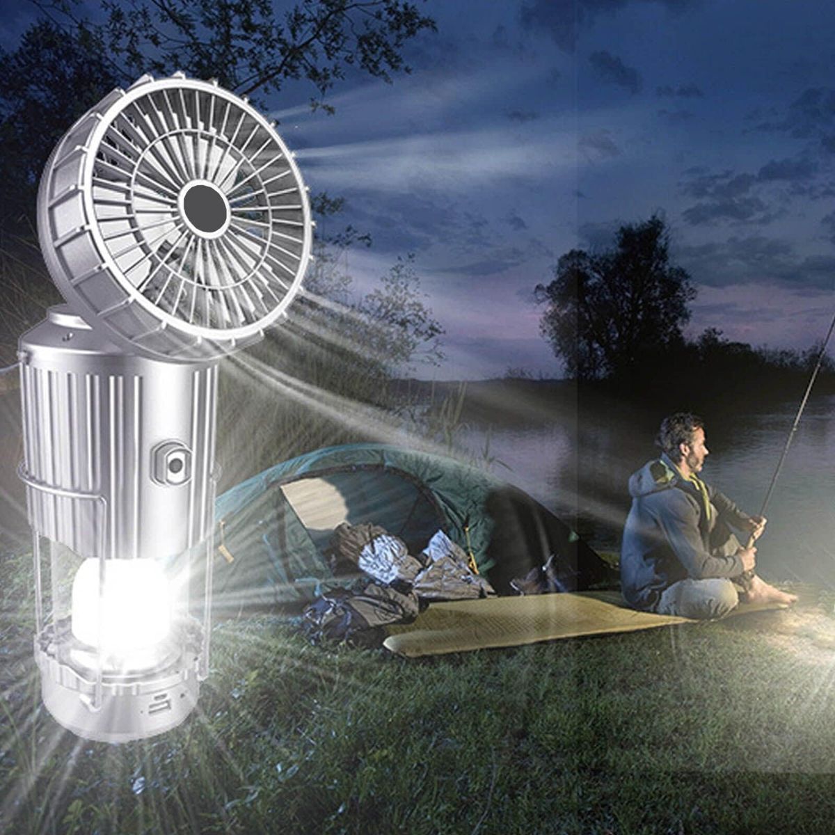 Camping Lantern with Fan, Flashlight Lantern Collapsible-USB Rechargeable, Solar & Battery Powered Camping Lampp for Picnic, Barbecue, Fishing, Travel Rechargeable Emergency Light - Silver - Size 7in