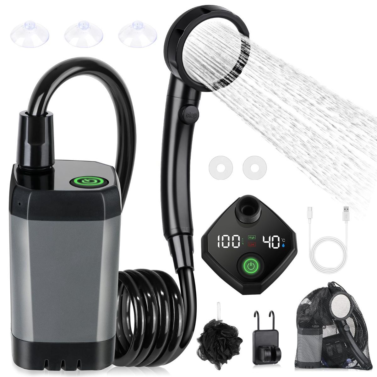 Portable Shower for Camping, [Long-Lasting] 6000mAh Rechargeable Camping Shower with Intelligent LED Display, 4 Spray Modes, IPX7 Waterproof Outdoor Camp Pump for Hiking, Travel, Car, Pet - Black - Size 4.64*2.64in