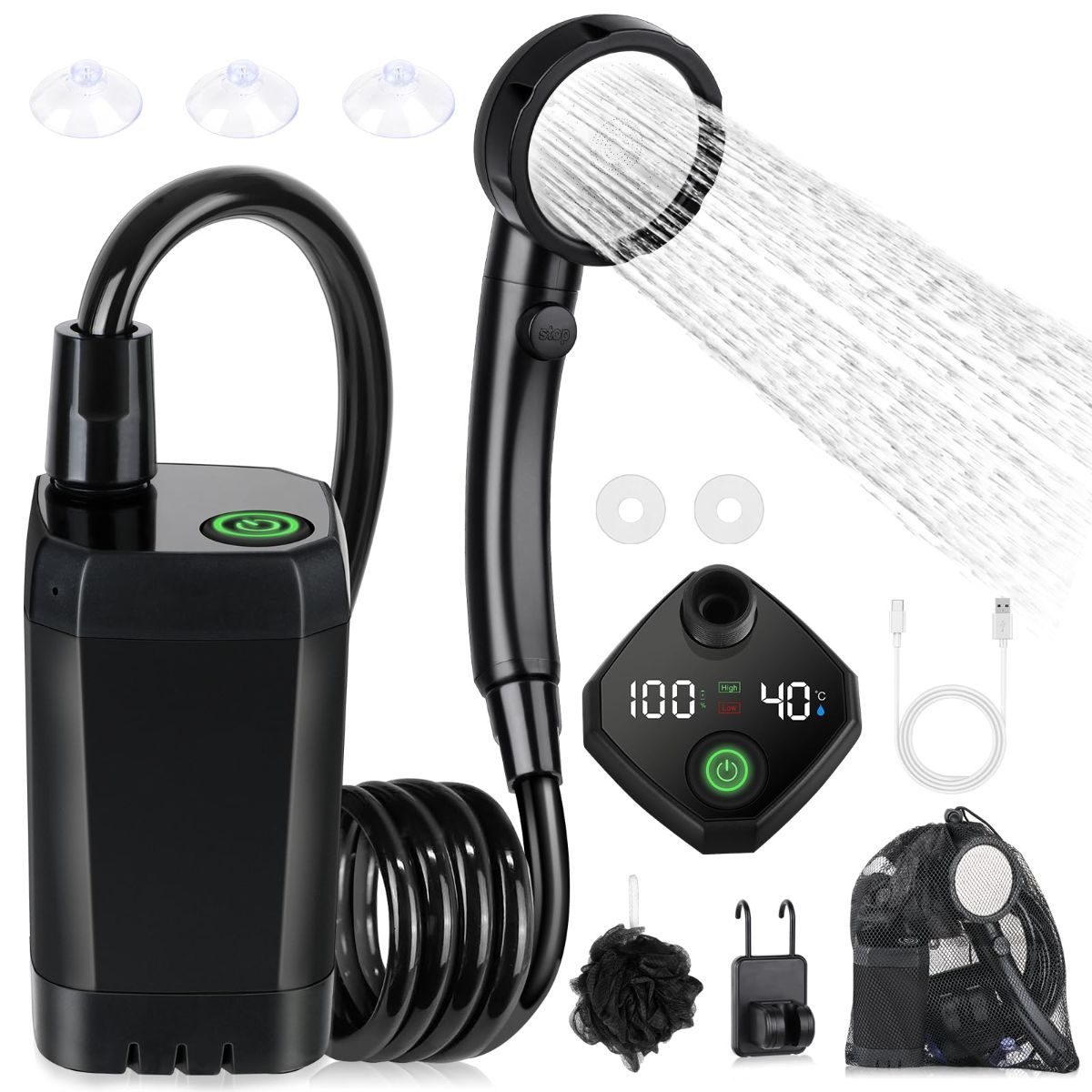 Portable Shower for Camping, [Long-Lasting] 6000mAh Rechargeable Camping Shower with Intelligent LED Display, 4 Spray Modes, IPX7 Waterproof Outdoor Camp Pump for Hiking, Travel, Car, Pet - Gray - Size 4.64*2.64in