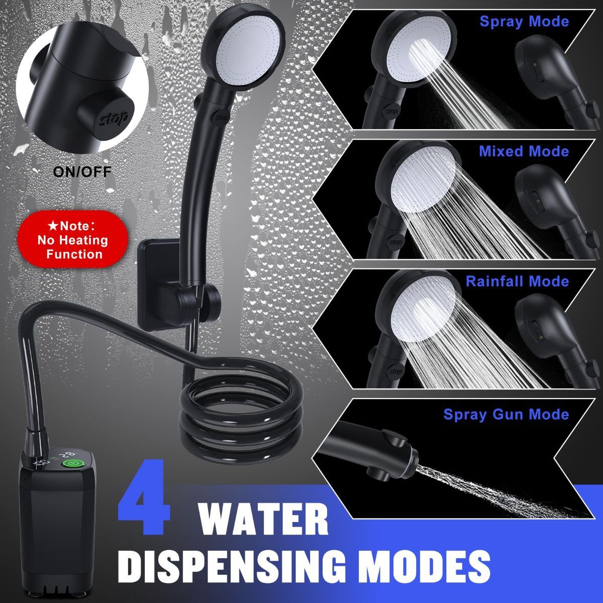 Portable Shower for Camping, [Long-Lasting] 6000mAh Rechargeable Camping Shower with Intelligent LED Display, 4 Spray Modes, IPX7 Waterproof Outdoor Camp Pump for Hiking, Travel, Car, Pet - Gray - Size 4.64*2.64in
